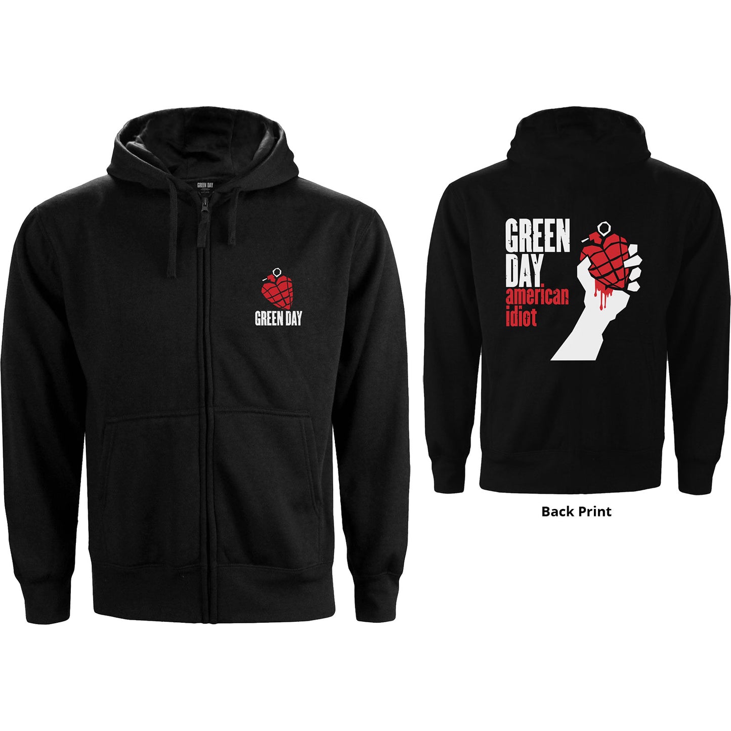GREEN DAY UNISEX ZIPPED HOODIE :AMERICAN IDIOT w BACK PRINT .....L & XL