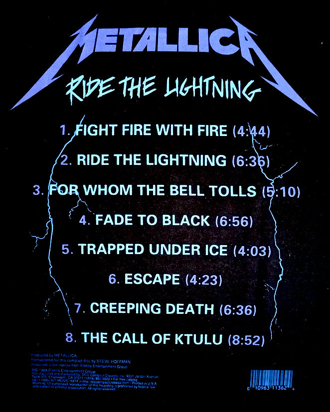 METALLICA UNISEX T SHIRT - RIDE THE LIGHTNING TRACKS  ..... M  L  XL