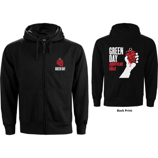 GREEN DAY UNISEX ZIPPED HOODIE :AMERICAN IDIOT w BACK PRINT .....L & XL