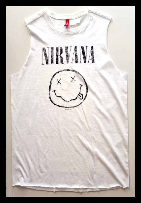 NIRVANA - DISTRESSED HAPPY FACE UNISEX SLEEVELESS..... SMALL